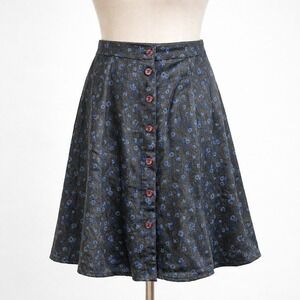 Vtg Y2K Floral Button Mini Skirt Gray Blue Satin USA S Preppy Silky Grunge Boho